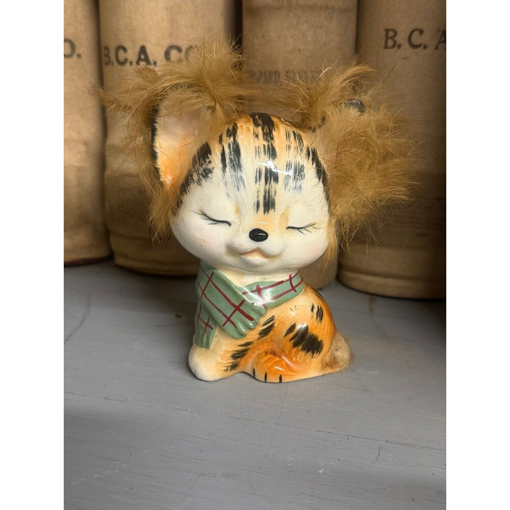 Vintage Flocked Hair Kitten Cat Figurine Ceramic Japan Scarf Cute Kitsch Feline
